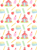 Watercolor seamless pattern with red schoolhouses, apples, pencils, rulers, glue bottles, and stacks of books on white
