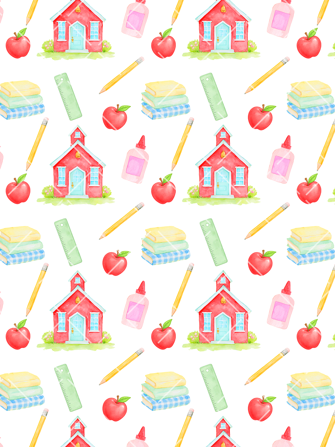 Watercolor seamless pattern with red schoolhouses, apples, pencils, rulers, glue bottles, and stacks of books on white