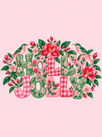 Watercolor Holly Jolly lettering in pink gingham and green floral patterns surrounded by red and pink flowers, leafy greenery, and two birds.