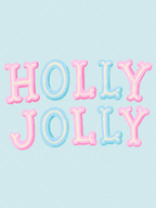 Hand-painted Holly Jolly lettering in alternating pink and blue with soft cream highlights