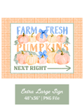 Farm Fresh Pumpkins directional sign with watercolor pumpkins, blue gingham bows, green arrow, and orange gingham border