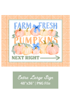 Farm Fresh Pumpkins directional sign with watercolor pumpkins, blue gingham bows, green arrow, and orange gingham border