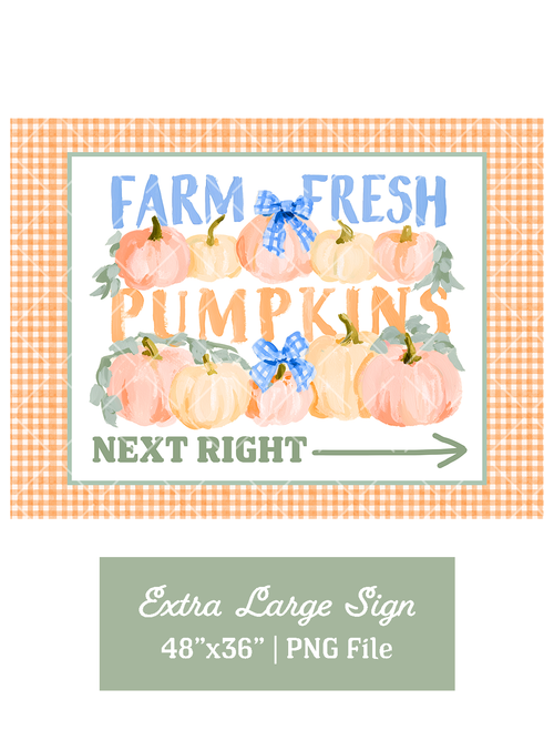 Farm Fresh Pumpkins directional sign with watercolor pumpkins, blue gingham bows, green arrow, and orange gingham border