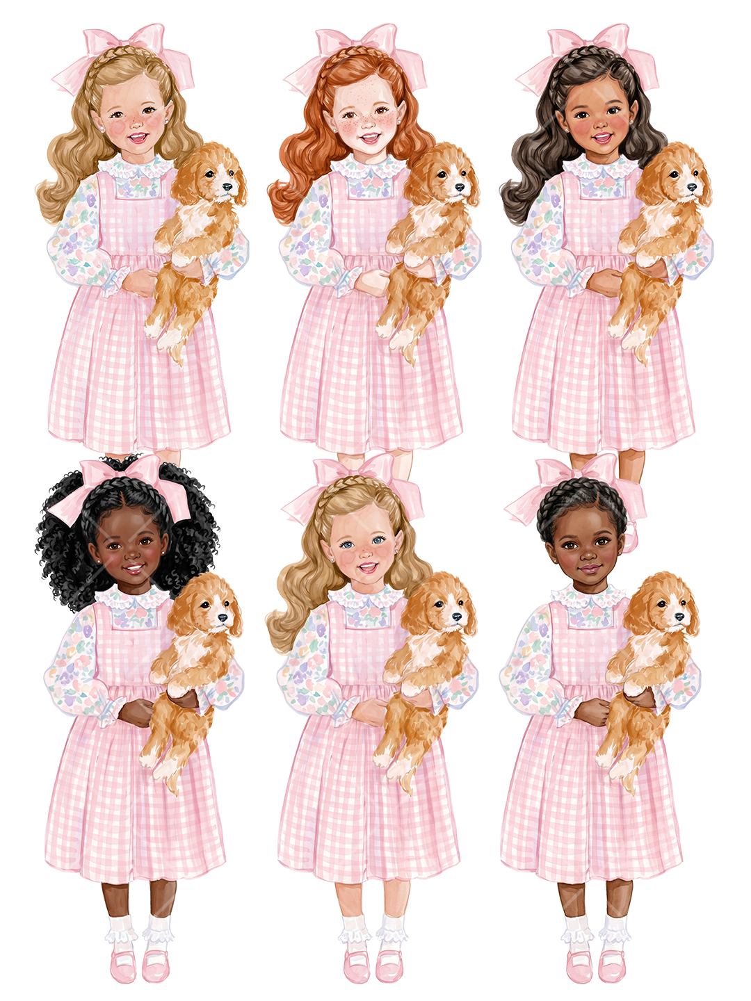 Preppy Girls with Puppies Watercolor Clipart Set