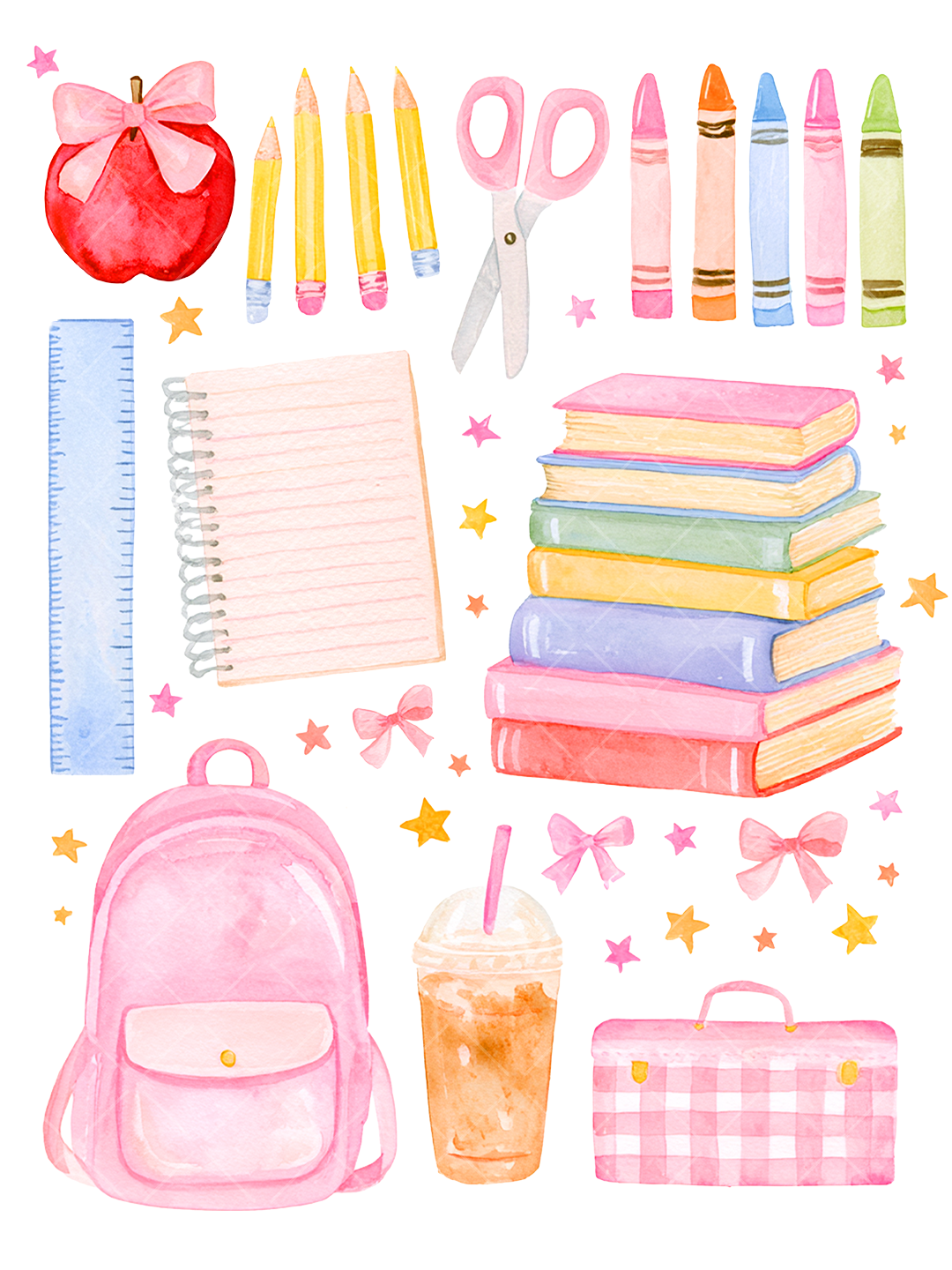 Watercolor back-to-school PNG design with a pink backpack, gingham lunchbox, books, apple, pencils, crayons, scissors, ruler, bows, and stars.