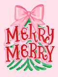 Watercolor Christmas design with red Merry Merry lettering over a green tree topped with an oversized pink bow.