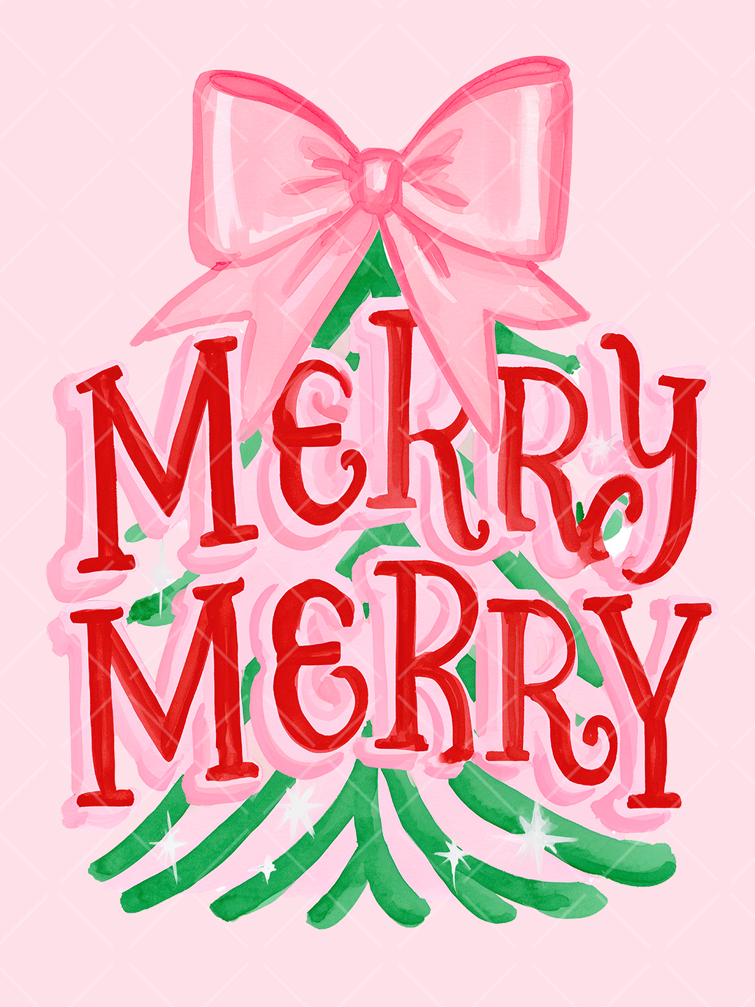 Watercolor Christmas design with red Merry Merry lettering over a green tree topped with an oversized pink bow.