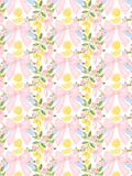 Watercolor seamless pattern with large pink bows, yellow lemons, pink roses, green leaves, and blue gingham accents on white.
