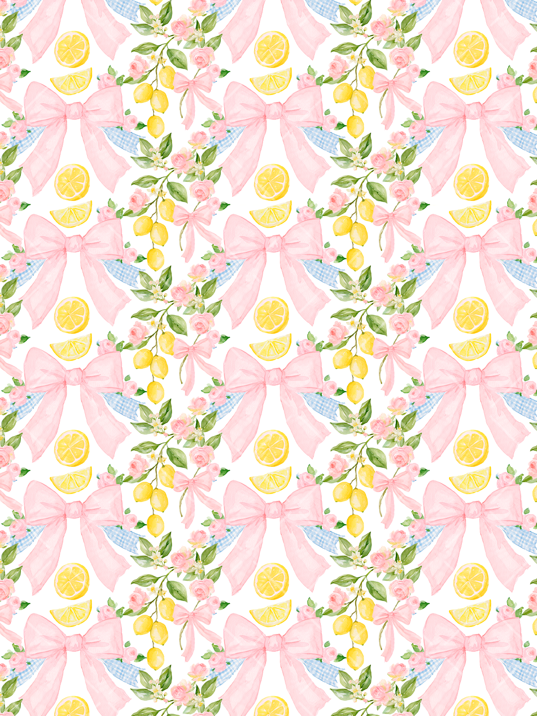 Watercolor seamless pattern with large pink bows, yellow lemons, pink roses, green leaves, and blue gingham accents on white.
