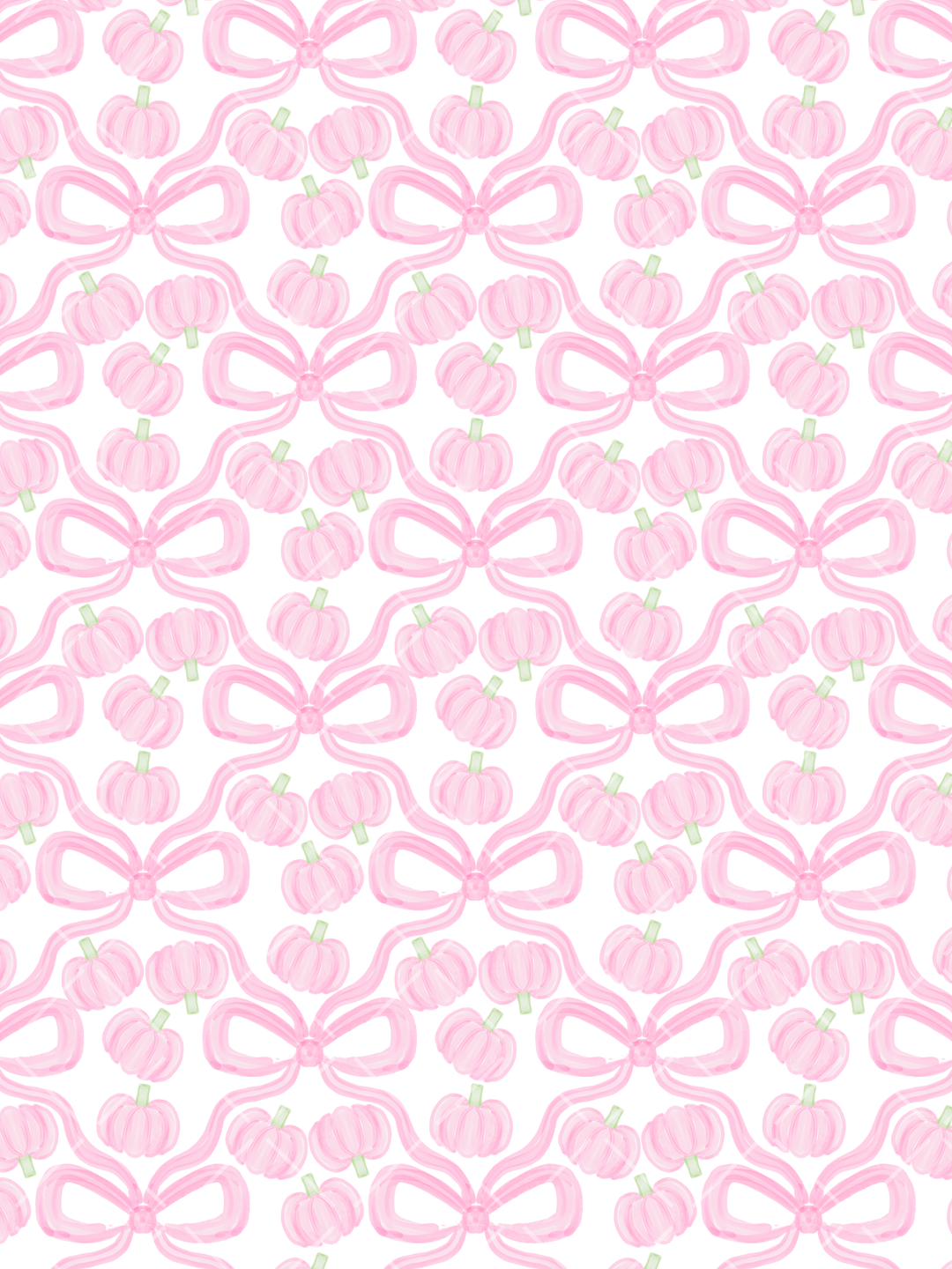 Seamless watercolor-style pattern featuring pink pumpkins and oversized pink ribbon bows on a white background