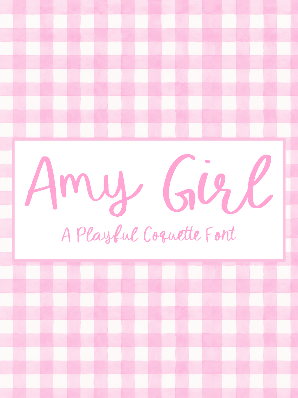 Amy Girl playful handwritten script font shown in pink lettering over a pink watercolor gingham background