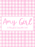 Amy Girl playful handwritten script font shown in pink lettering over a pink watercolor gingham background