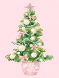 Watercolor green Christmas tree decorated with pink bows, pearl garlands, cream ornaments, and a pink chinoiserie planter