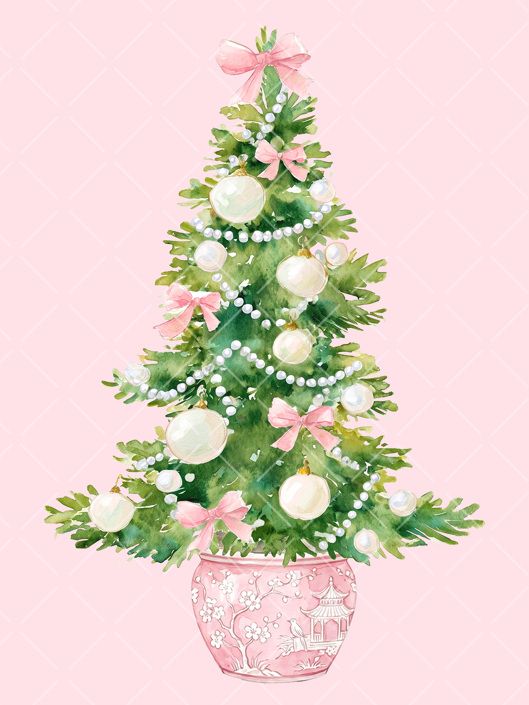 Watercolor green Christmas tree decorated with pink bows, pearl garlands, cream ornaments, and a pink chinoiserie planter
