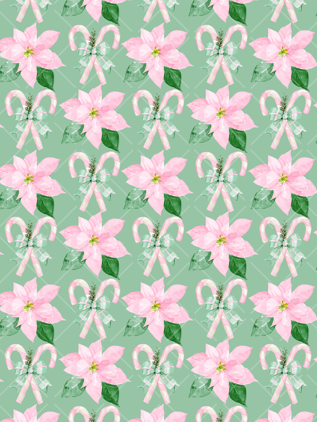 Watercolor seamless Christmas pattern with pink poinsettias, striped candy canes, mint gingham bows, and a subtle trellis on a mint background