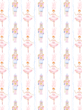 Watercolor seamless pattern with pink ballerinas, Nutcracker toy soldiers, ballet slippers, and pale blue scalloped stripes on white