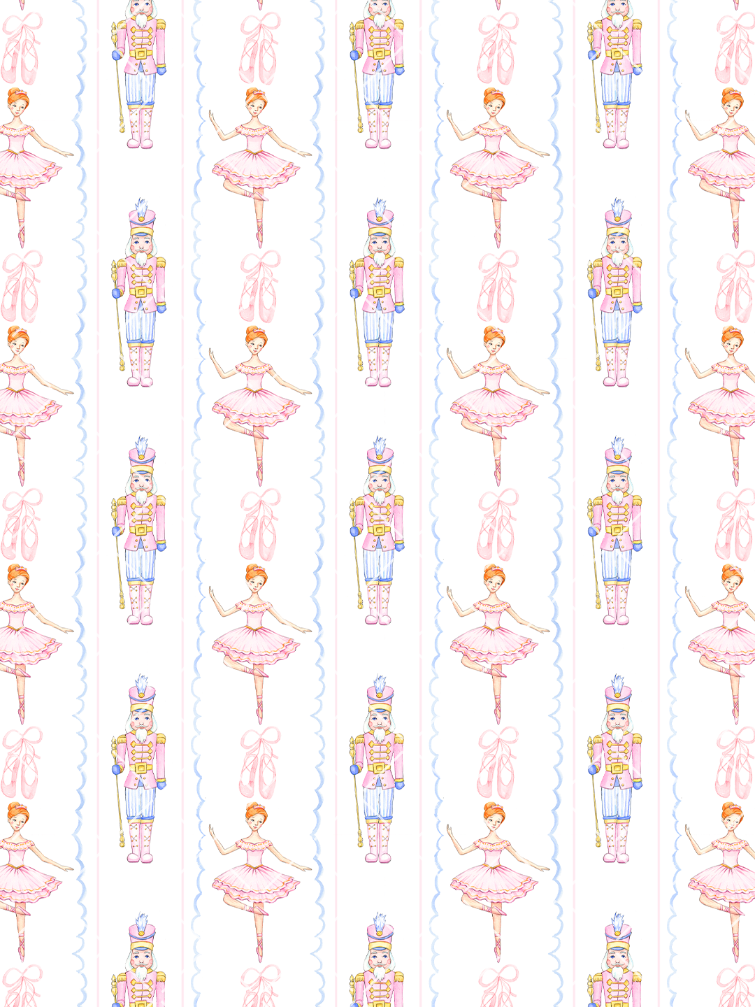 Watercolor seamless pattern with pink ballerinas, Nutcracker toy soldiers, ballet slippers, and pale blue scalloped stripes on white