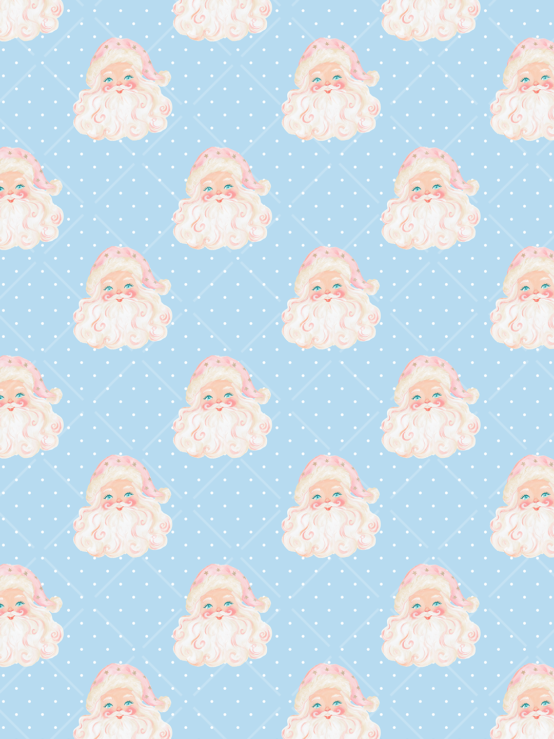 Seamless Christmas pattern with rosy vintage Santas in pink starry hats on a pale blue argyle background with white snow dots