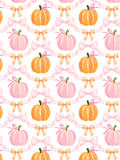 Watercolor seamless pattern with pink and orange pumpkins, flowing pink ribbons, and coordinating bows on a white background.