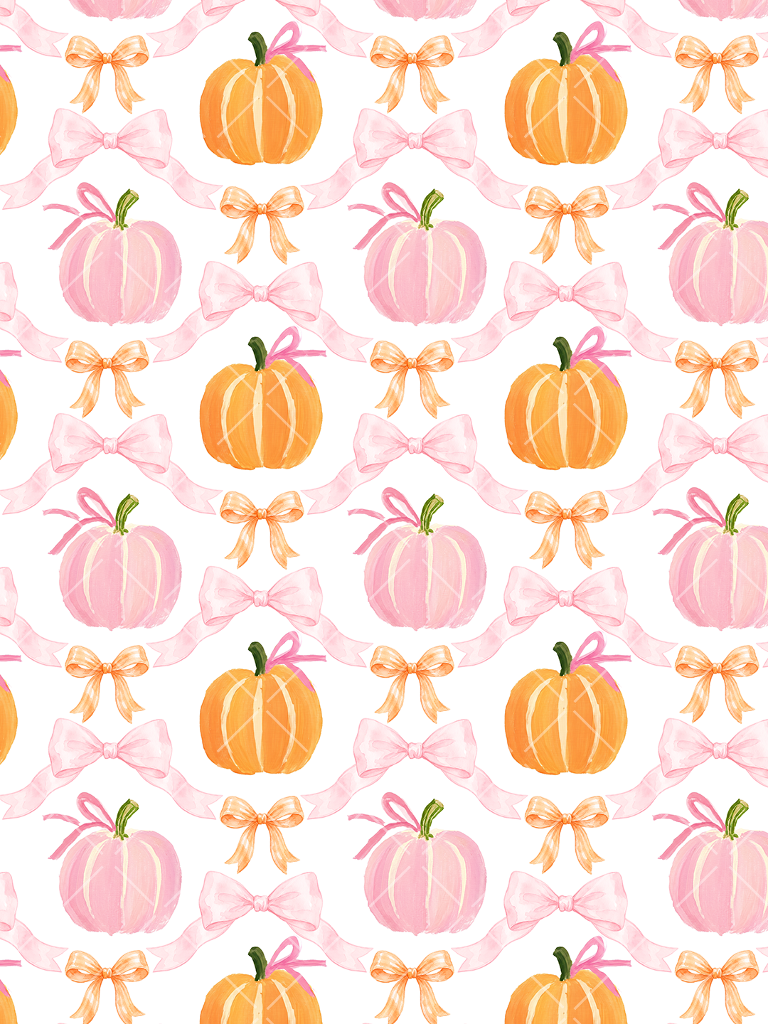Watercolor seamless pattern with pink and orange pumpkins, flowing pink ribbons, and coordinating bows on a white background.