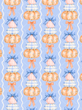 Watercolor seamless pattern with stacked pink, blue gingham, and floral peach pumpkins, blue and coral bows, and cream wavy stripes on a soft blue trellis background.
