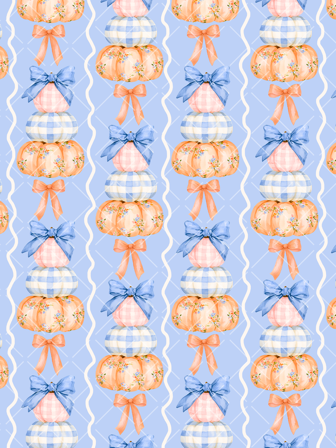 Watercolor seamless pattern with stacked pink, blue gingham, and floral peach pumpkins, blue and coral bows, and cream wavy stripes on a soft blue trellis background.