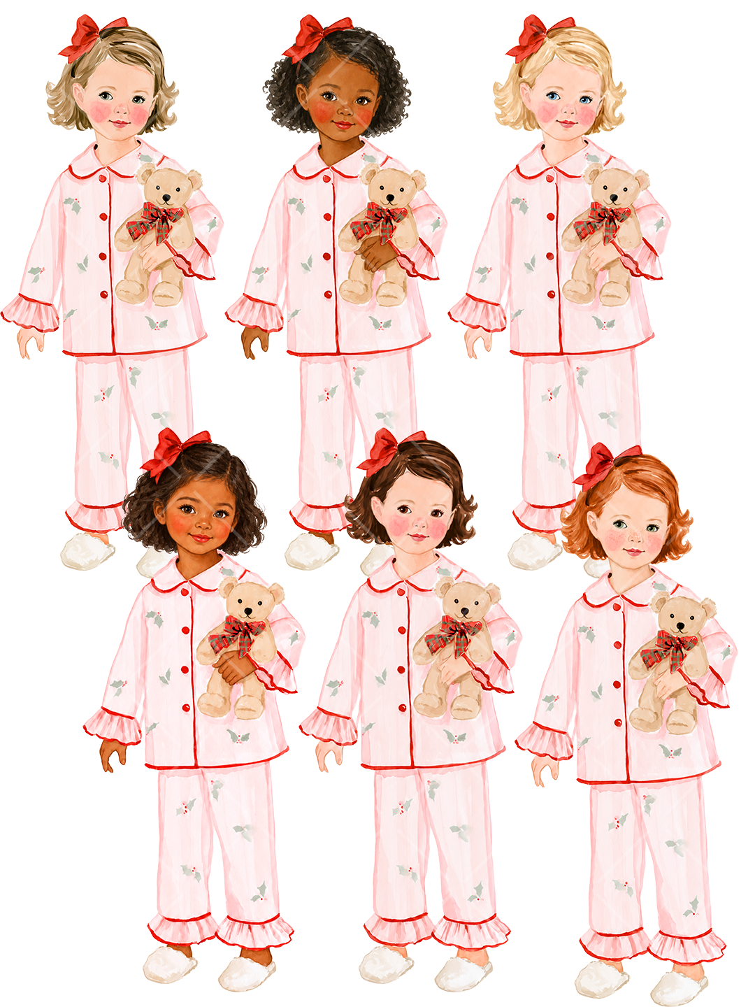 Multicultural Christmas Pajama Girls Watercolor Clipart Set