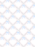 Watercolor seamless pattern with blue bows, pink braided ribbons, and blue-and-gold leafy garlands arranged in an interlocking trellis on white.