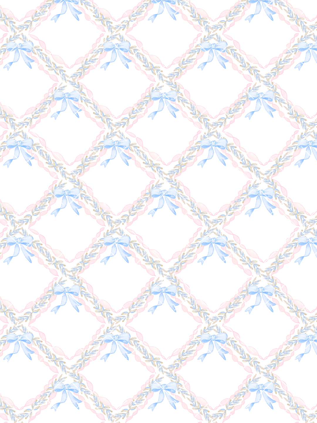 Watercolor seamless pattern with blue bows, pink braided ribbons, and blue-and-gold leafy garlands arranged in an interlocking trellis on white.