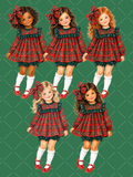 Five watercolor girls with diverse skin tones and hair colors wearing red and green tartan Christmas dresses, plaid bows, ruffled bloomers, and red shoes