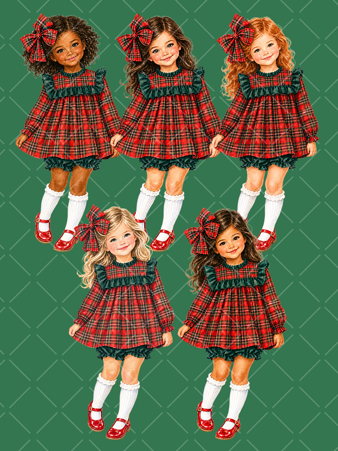 Five watercolor girls with diverse skin tones and hair colors wearing red and green tartan Christmas dresses, plaid bows, ruffled bloomers, and red shoes
