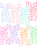 Eight watercolor gingham ribbon bows in pastel pink, blue, mint, lavender, orange, and green.