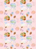 Pink watercolor seamless pattern with footballs, pom-poms, a megaphone, party drinks, snacks, and a cozy game-day couch scene.