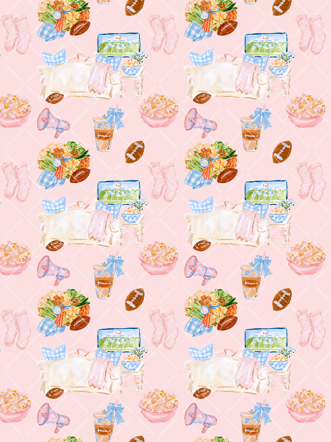 Pink watercolor seamless pattern with footballs, pom-poms, a megaphone, party drinks, snacks, and a cozy game-day couch scene.