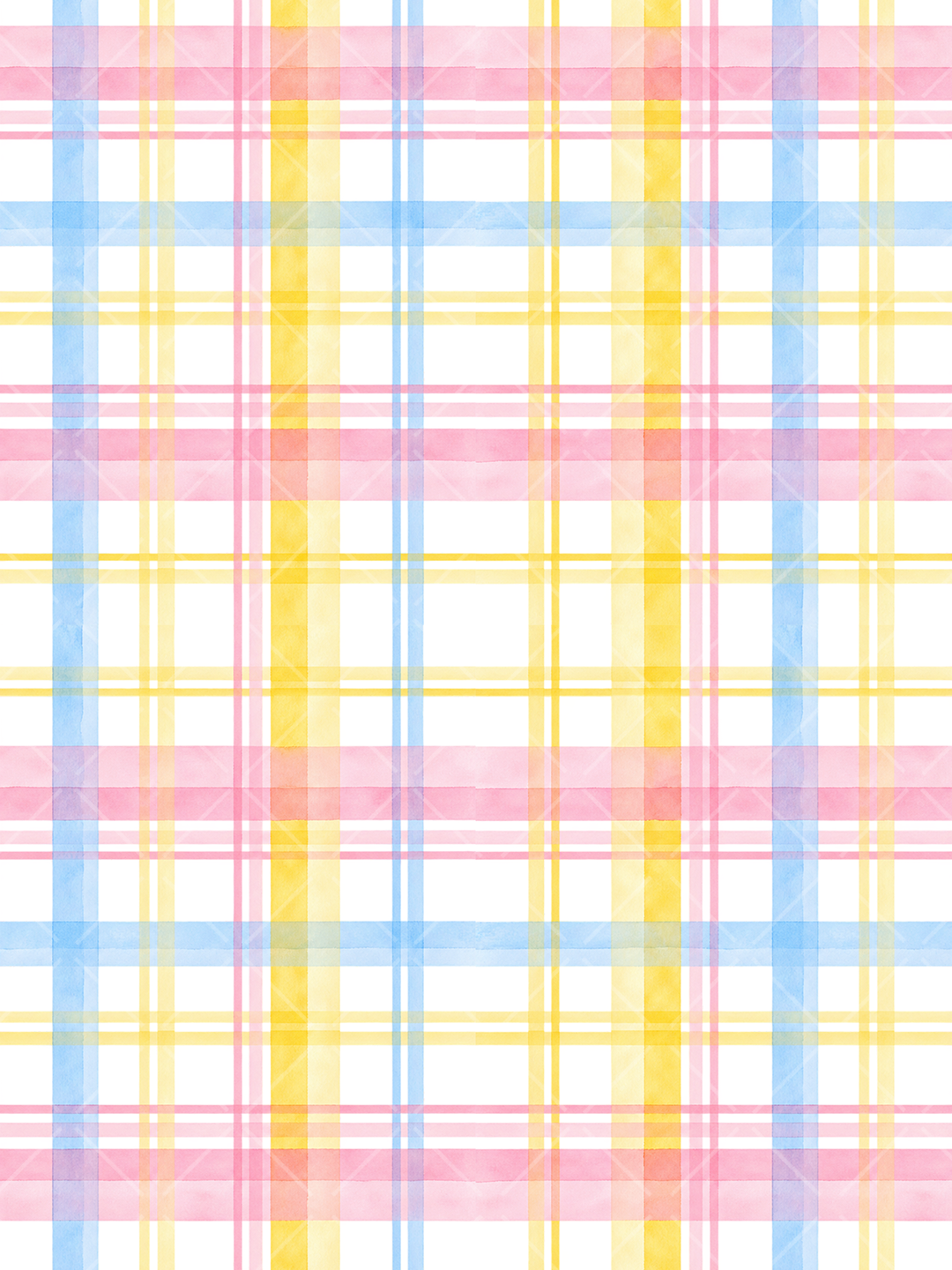 Pastel watercolor plaid pattern with layered pink, blue, and yellow stripes on a white background