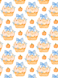 Watercolor seamless pattern with woven baskets of pale pumpkins, blue gingham bows, blue-grey leaves, and scattered orange pumpkins on white.