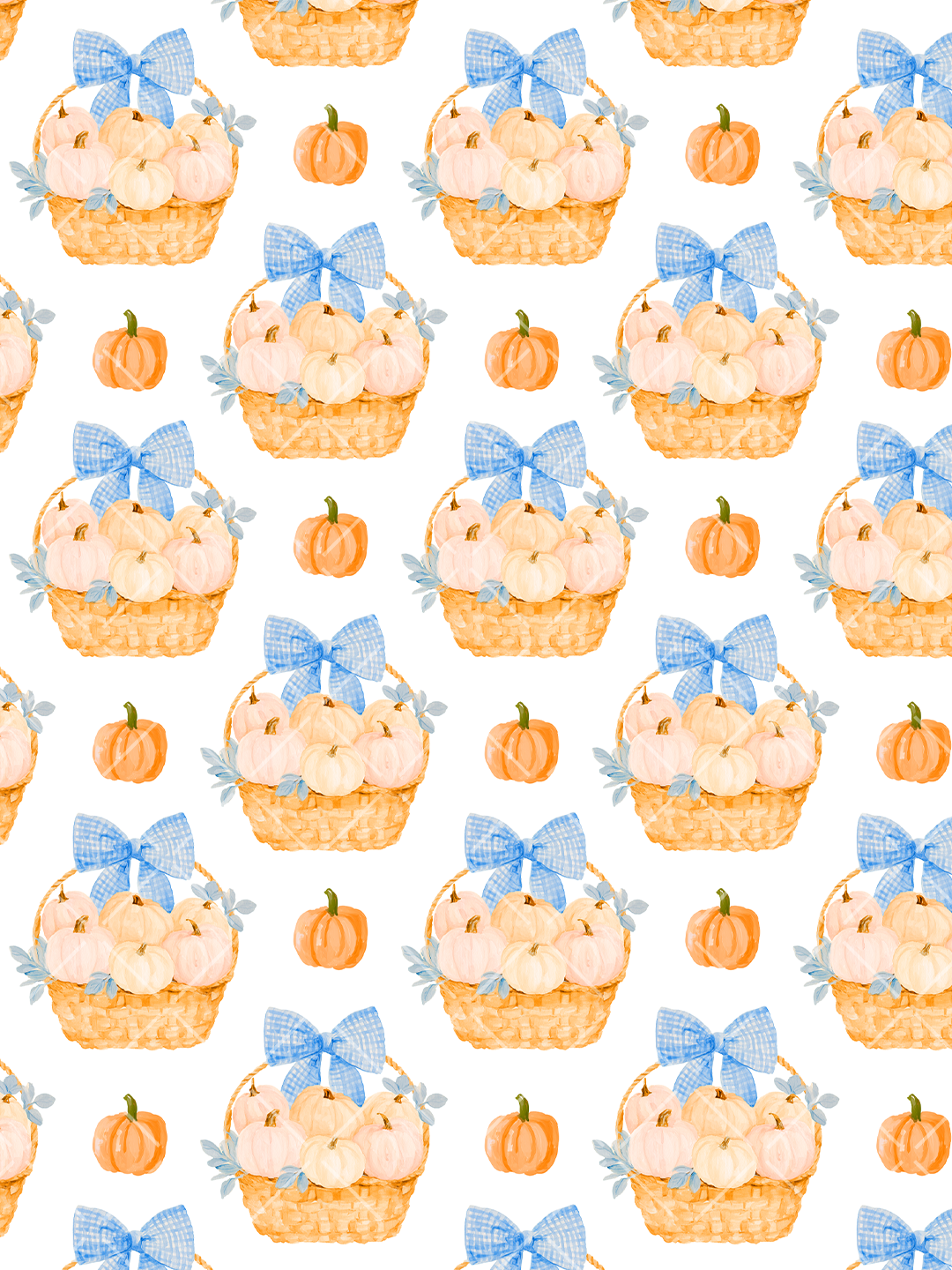 Watercolor seamless pattern with woven baskets of pale pumpkins, blue gingham bows, blue-grey leaves, and scattered orange pumpkins on white.