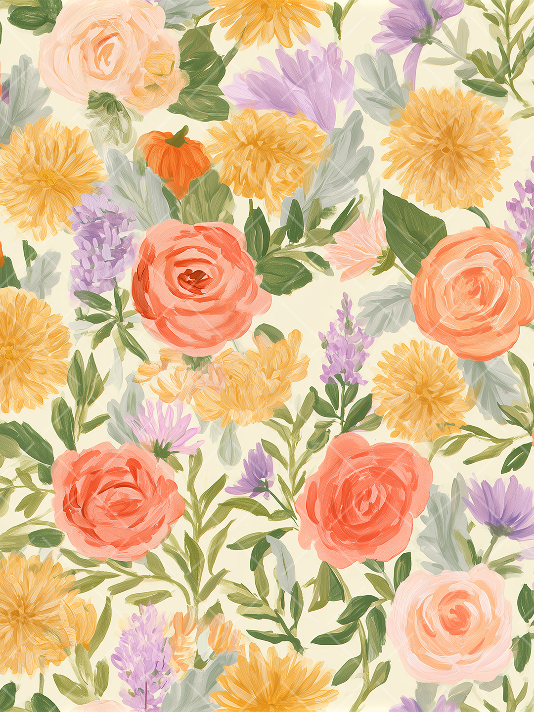 Painterly seamless floral pattern with coral roses, golden orange flowers, lavender blooms, green foliage, and a small pumpkin on a cream background.