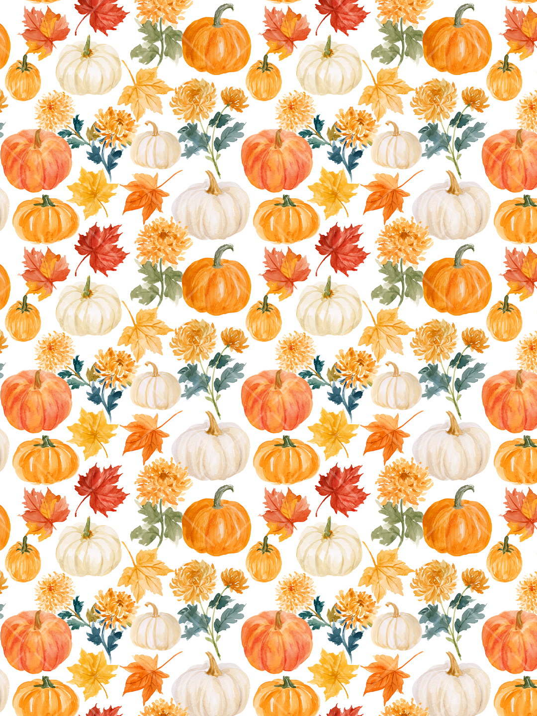 Watercolor fall seamless pattern with orange and cream pumpkins, golden chrysanthemums, and red, orange, and yellow autumn leaves on white.