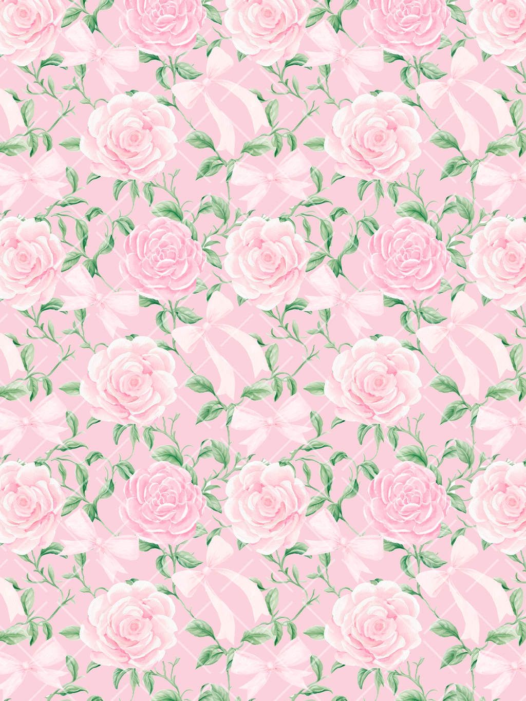 Watercolor seamless pattern with pink roses, pale ribbon bows, green leafy vines, and a subtle pink argyle background