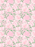 Watercolor seamless pattern with pink roses, pale ribbon bows, green leafy vines, and a subtle pink argyle background