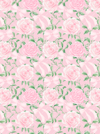 Watercolor seamless pattern with pink roses, pale ribbon bows, green leafy vines, and a subtle pink argyle background