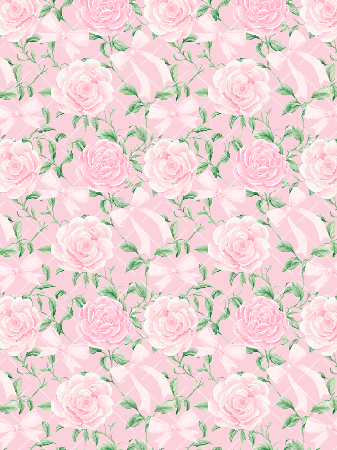 Watercolor seamless pattern with pink roses, pale ribbon bows, green leafy vines, and a subtle pink argyle background