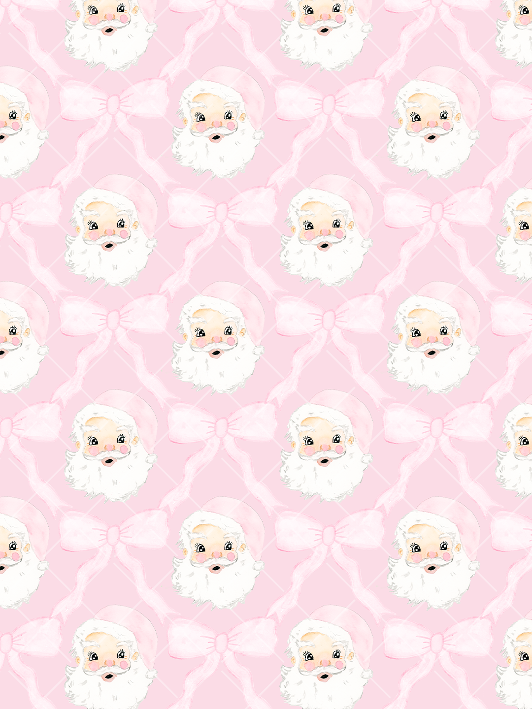 Seamless watercolor-style Christmas pattern with pink Santa faces, white bows, and a pale pink trellis background.