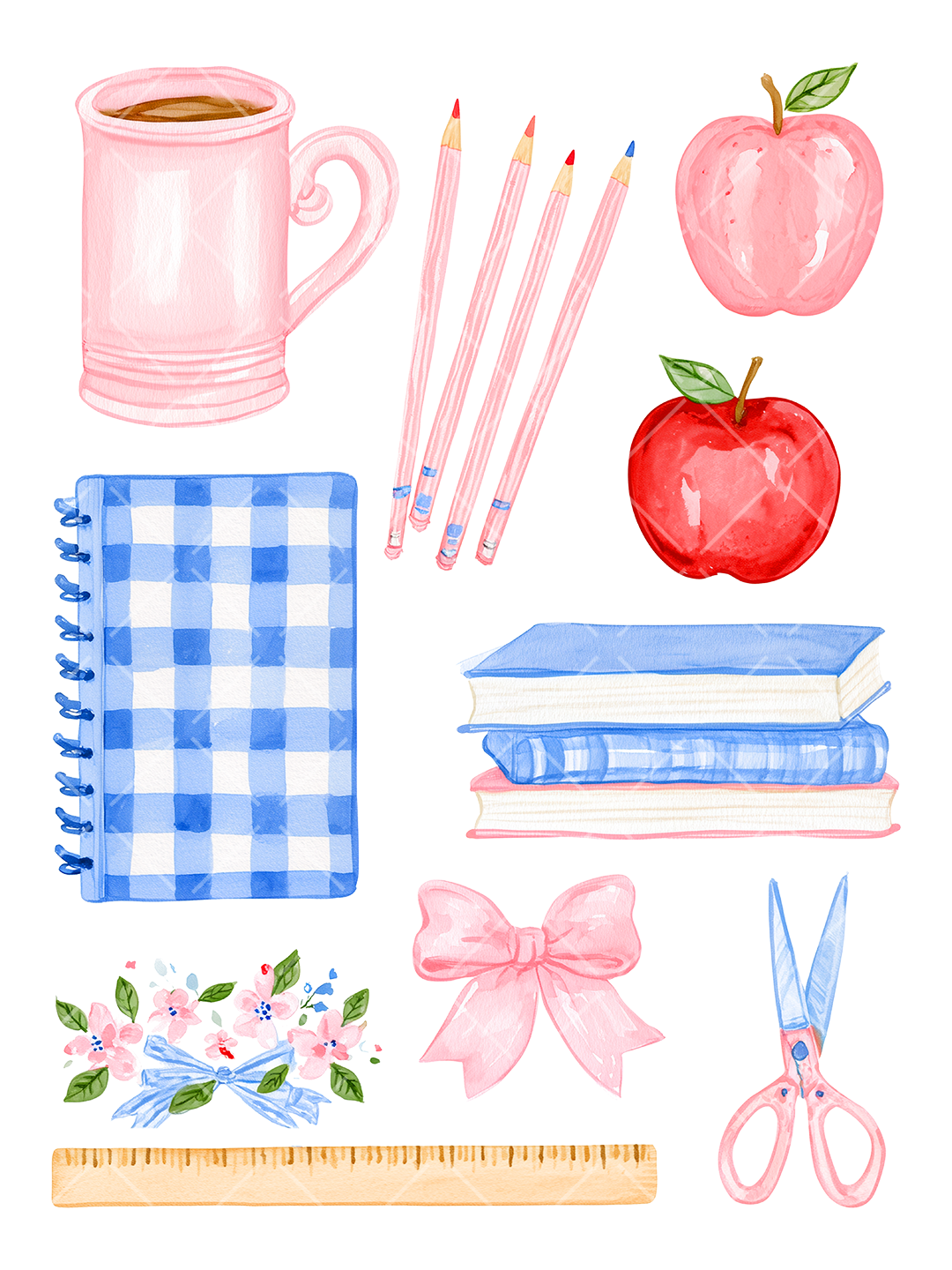 Preppy Teacher School Supplies Watercolor PNG Design