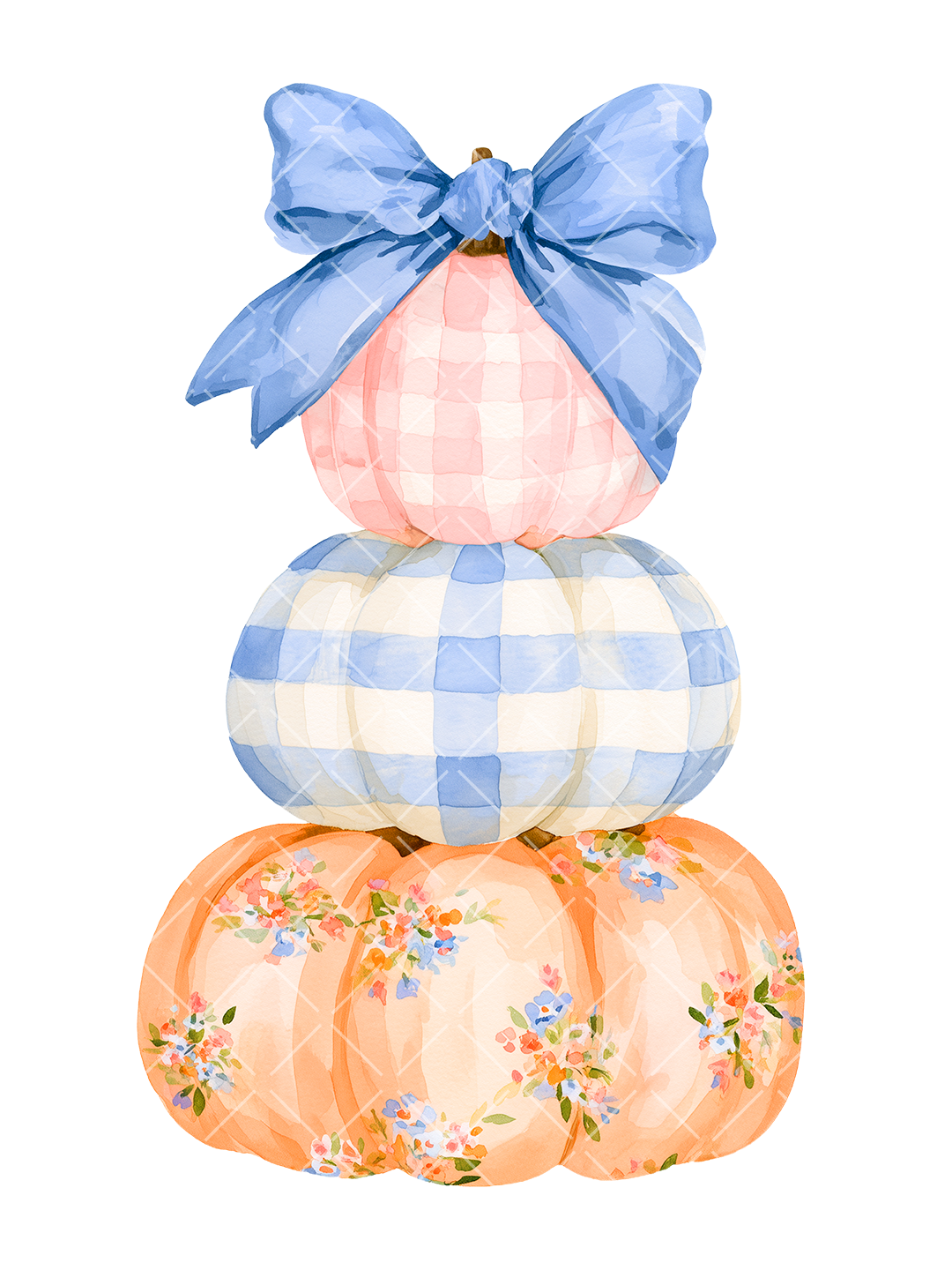 Watercolor Stacked Pumpkins with Blue Bow PNG Design