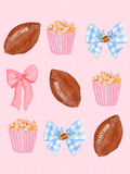Watercolor game day design with brown footballs, pink popcorn containers, pink bows, and blue gingham football bows on a pale pink preview background.