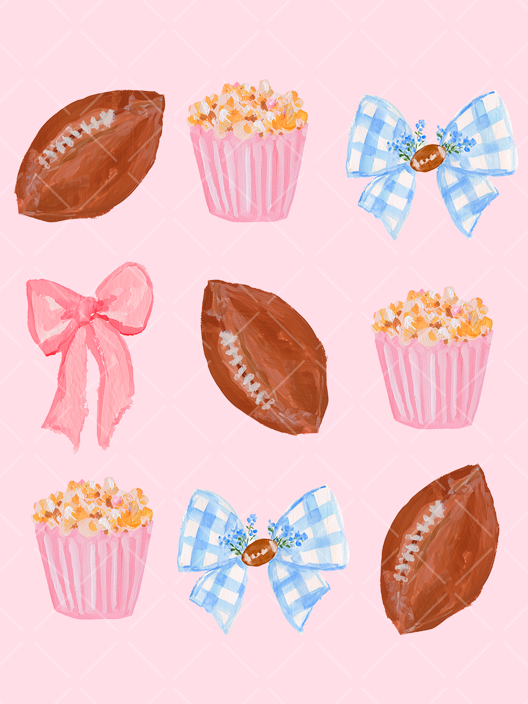 Watercolor game day design with brown footballs, pink popcorn containers, pink bows, and blue gingham football bows on a pale pink preview background.