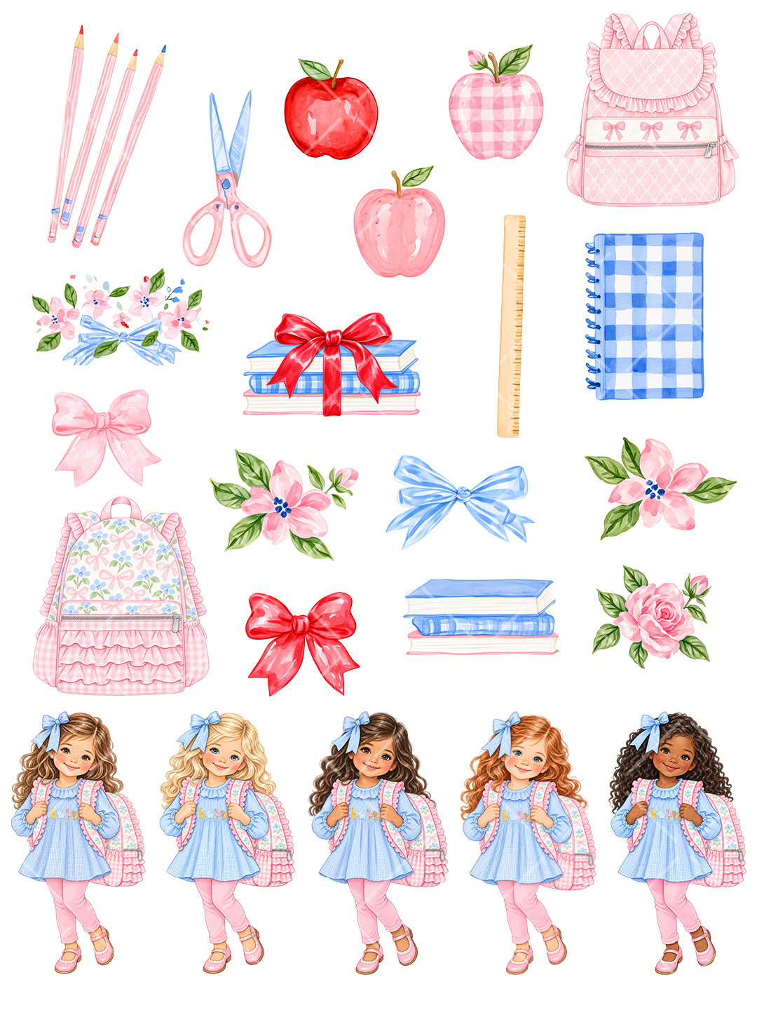 Multicultural School Girls Watercolor Clipart Set