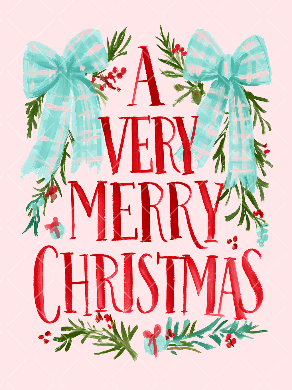 A Very Merry Christmas design with large red hand-painted lettering, mint plaid bows, evergreen sprigs, and red berries.